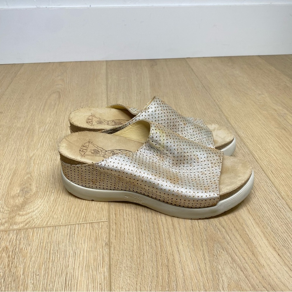 Fly London Whin Metallic Perforated Leather Wedge Sandals - Picture 1 of 7